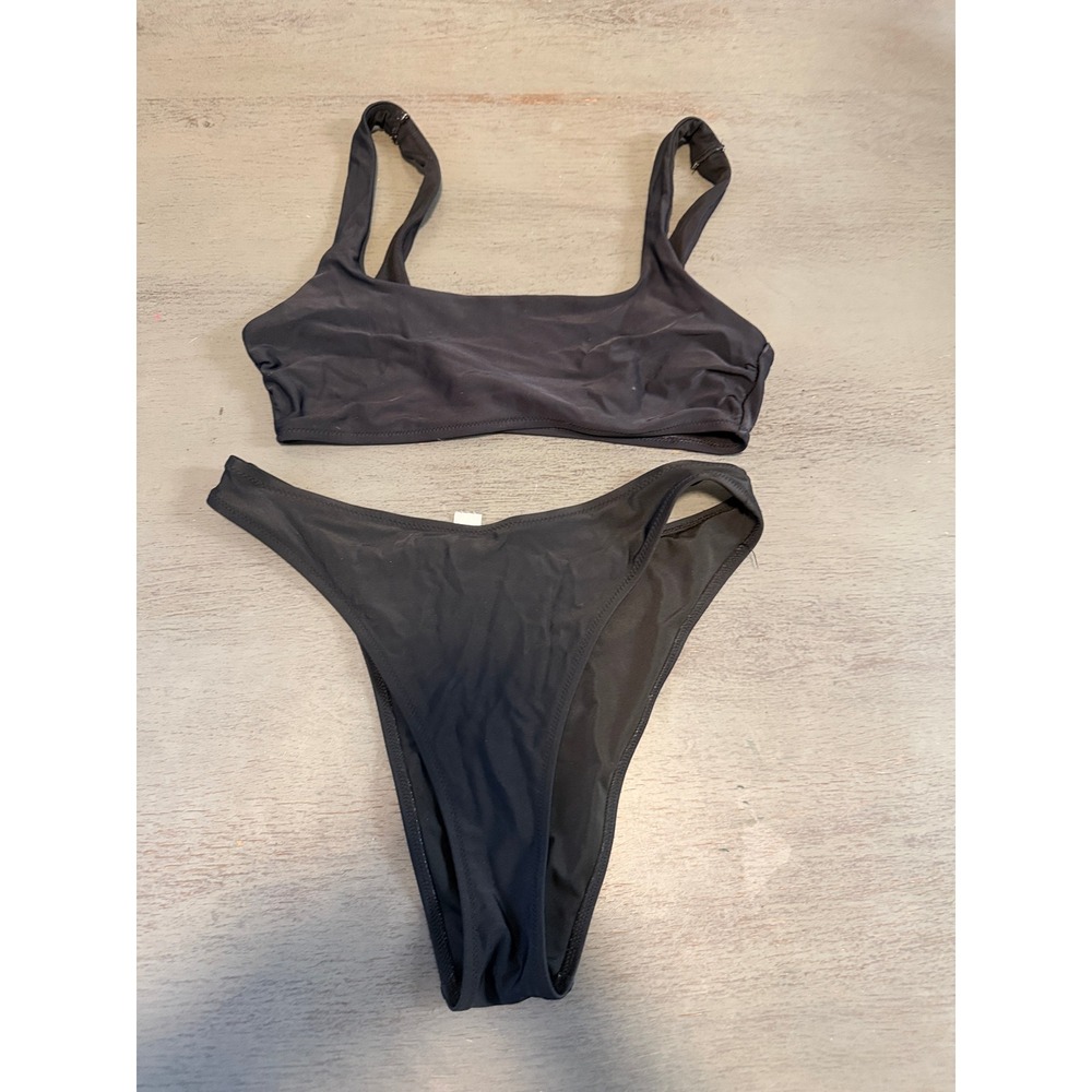 Aerie Black Bikini Set Scoop Neck Top Small High Cut Cheeky Bottoms Medium
